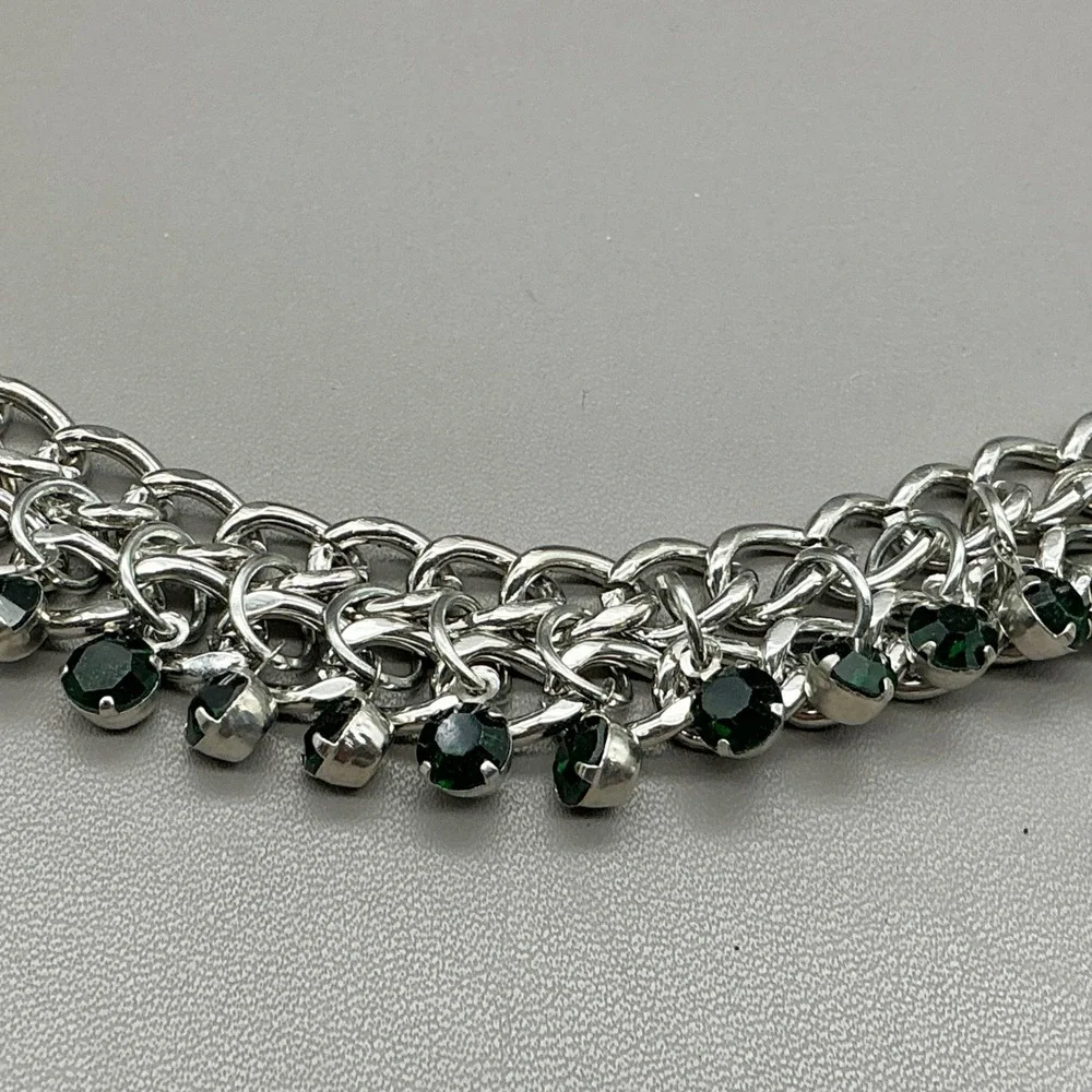 Necklace Green Rhinestone Silver Tone Chunky Chain Bib Statement Dangle Collar